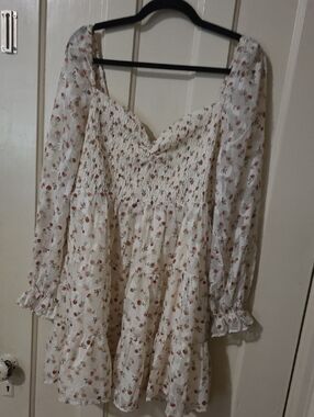Altar'd State Cream Floral Smocked Long Sleeve Mini Dress